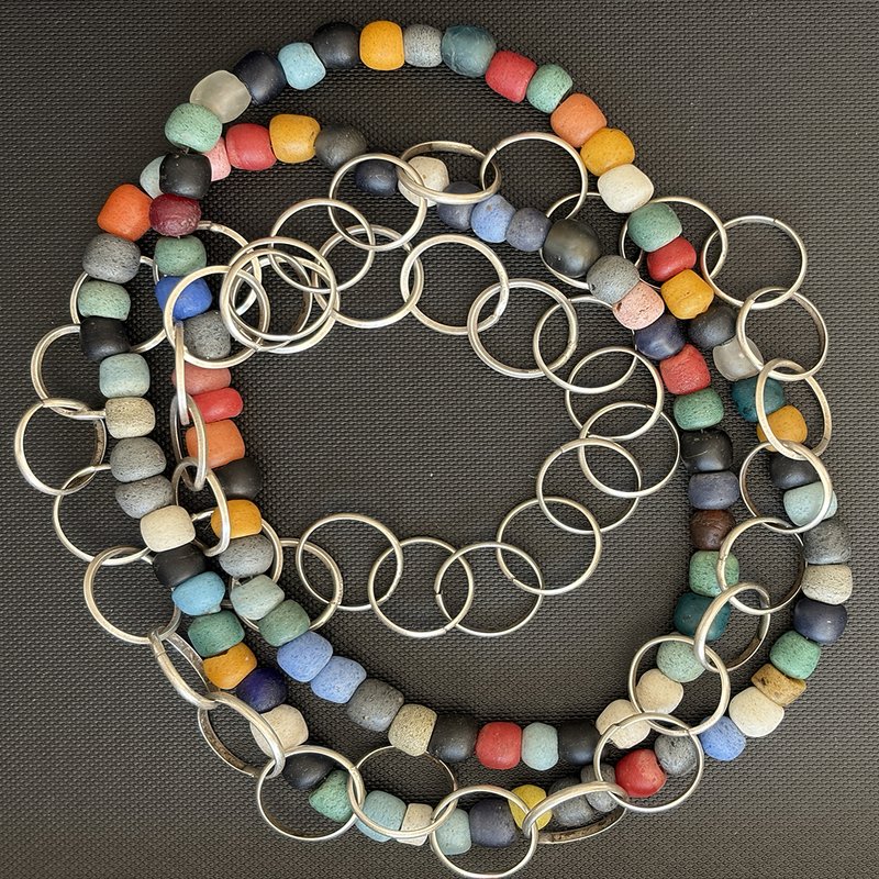 Flexibility necklace — recycled glass beads with handmade silver chain